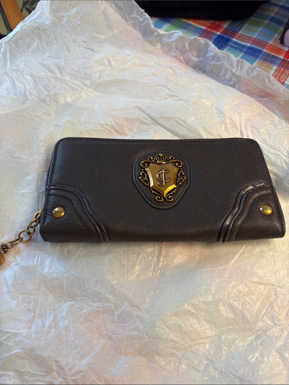 Juicy Couture Dark Brown Leather Zip Wallet with Gold Crest